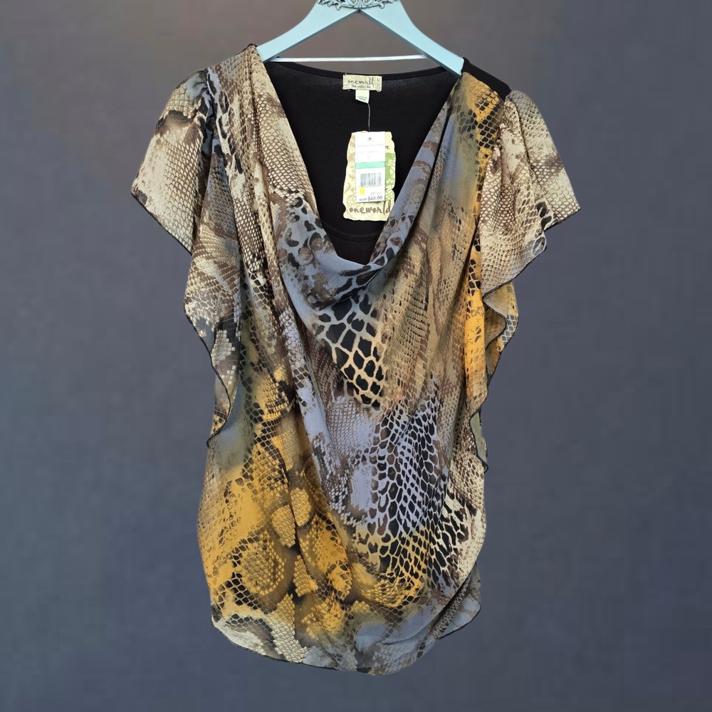 One World "Live & Let Live" Snakeskin Print Drape Front Top NEW NWT - Size Large